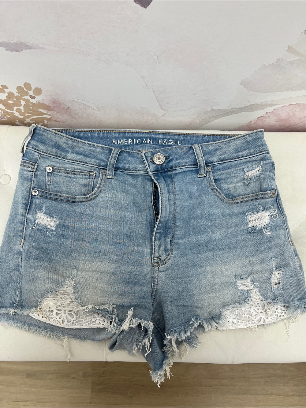 American Eagle Outfitters Light Blue Distressed Denim Shorts with Lace Trim